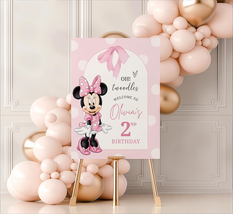 Minnie Mouse TwoDles Birthday Welcome Sign Template | Editable Printable Party Sign | Canva Digital Download | Girl Birthday Decoration