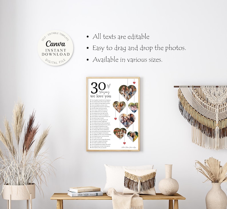 30 Reasons We Love You Poster With Pictures Template, Printable 30th Birthday Gift for Him or Her Editable, Personalized 30th Birthday Decor