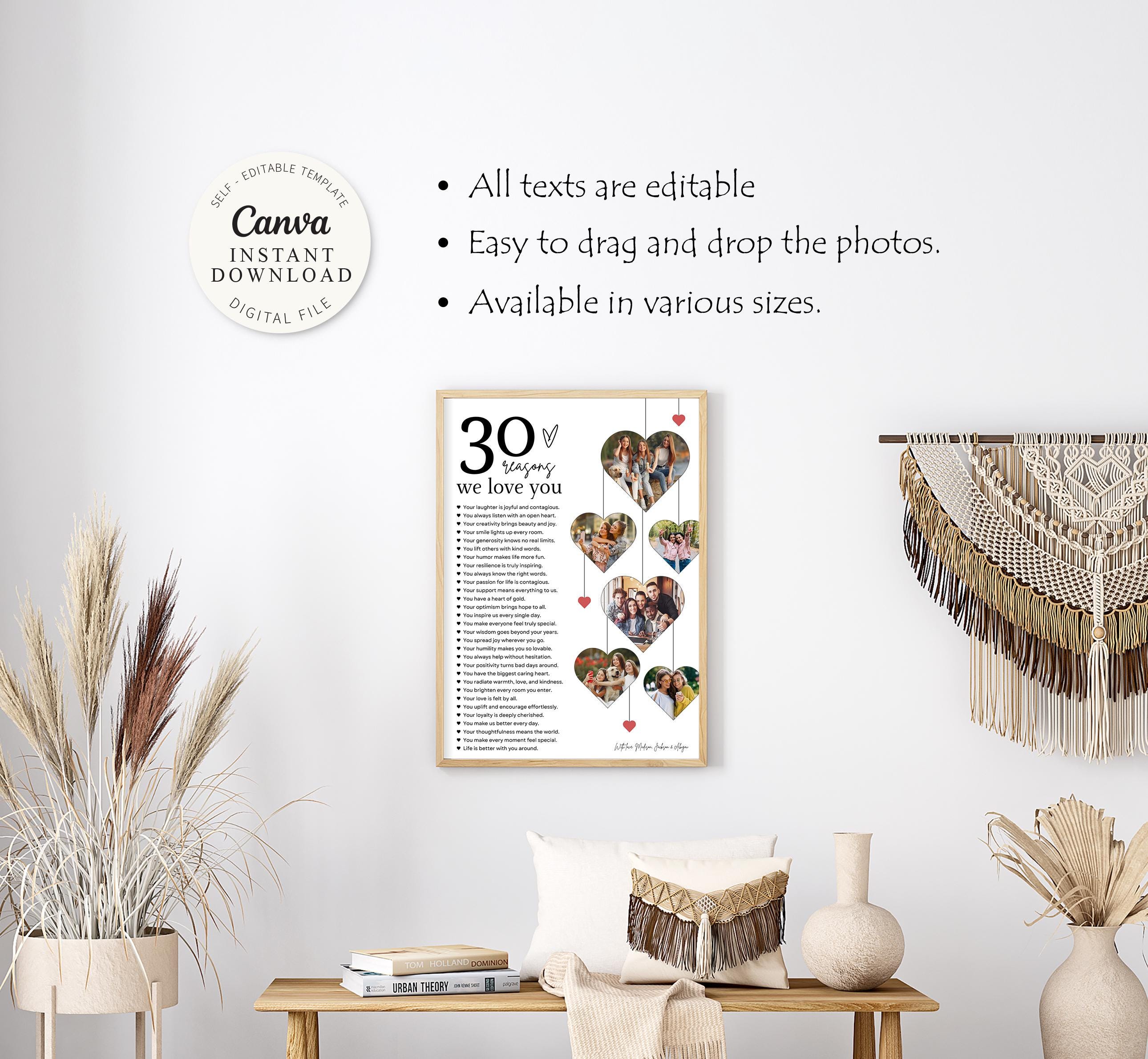 30th Birthday Gift, 30 Reasons We Love You Poster, Editable Template ...