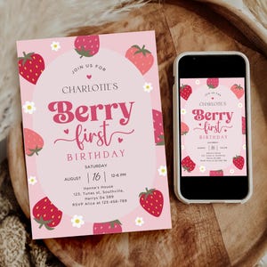 Berry First Birthday Invitation, Strawberry Girl Invite (Editable, Printable)