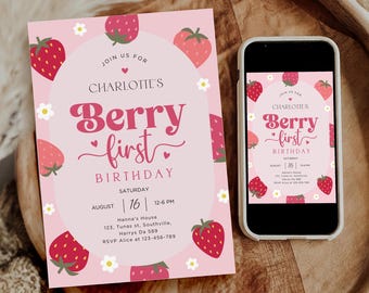 Berry First Birthday Invitation, Strawberry Girl Invite (Editable, Printable)
