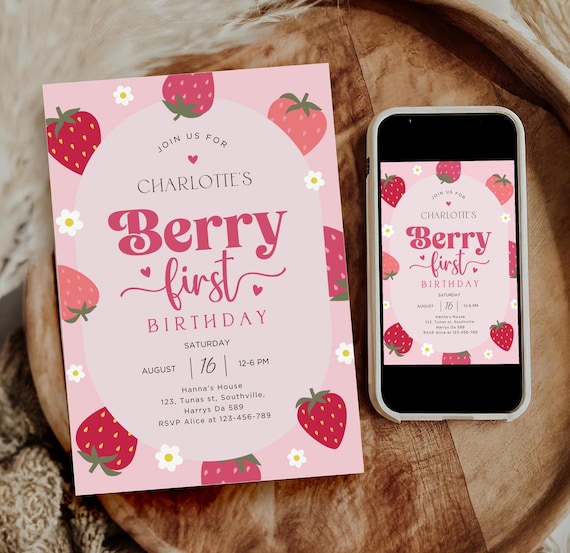 Berry First Birthday Invitation, Editable 1st Birthday Girl Invite, Printable Strawberry Evite Girl Invite Template Berry Sweet Pink, B408