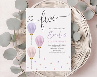 5. Geburtstagseinladung Mädchen, Pastell-Luftballons, bearbeitbare Vorlage (Canva)