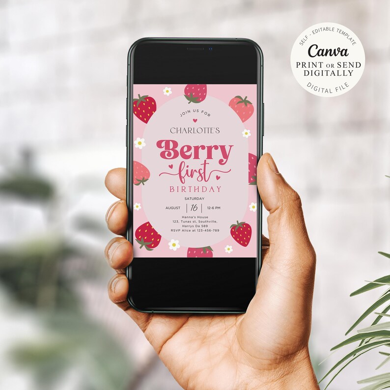 Berry First Birthday Invitation, Editable 1st Birthday Girl Invite, Printable Strawberry Evite Girl Invite Template Berry Sweet Pink