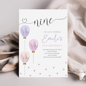 Modèle d'invitation fête 9e anniversaire, neuvième anniversaire fille inviter modifiable, noeud doré avec ballons roses violets imprimable, mobile evite
