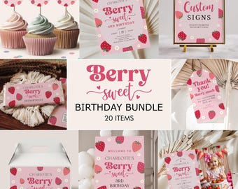Strawberry Birthday Invitation Bundle, Berry Sweet Party Decor (Digital Download)