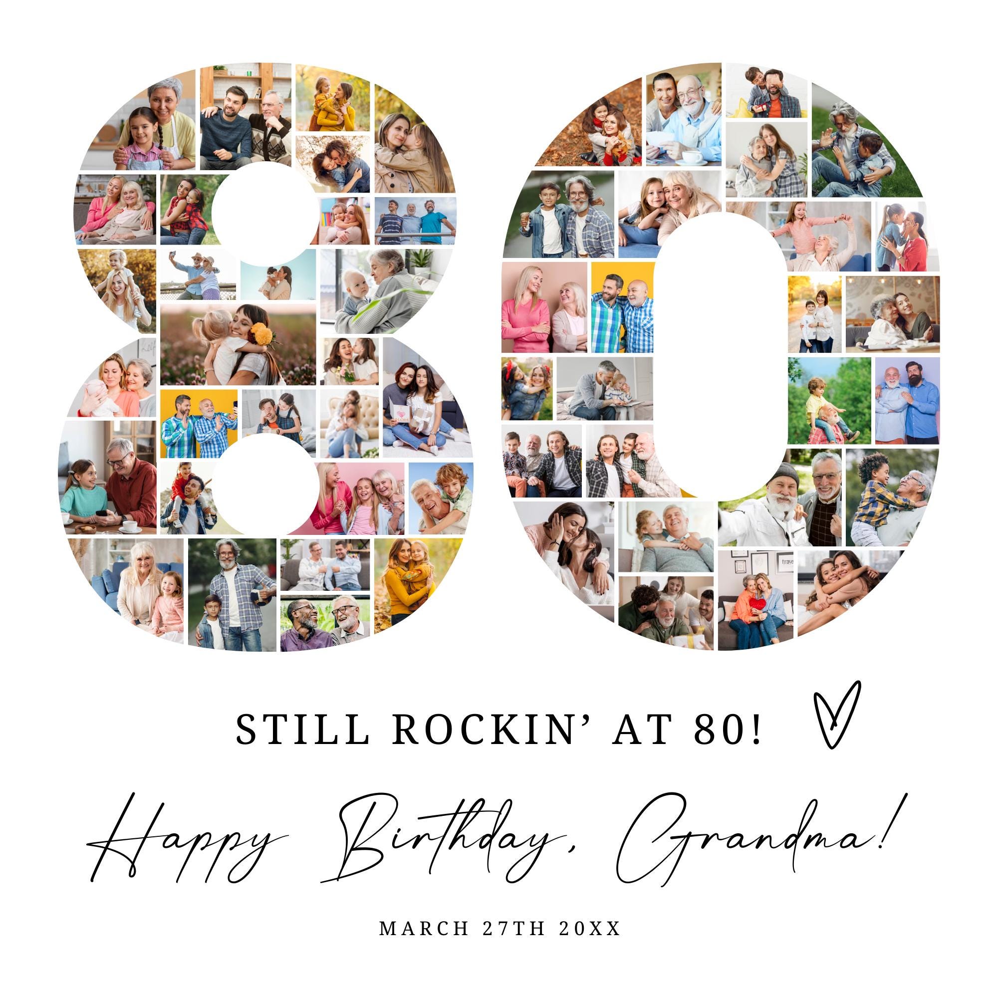 80th Birthday Photo Collage Template, Personalized 80th Birthday Gift for Grandma or Grandpa, Number Collage, Dad Gift, Birthday Gift, Canva