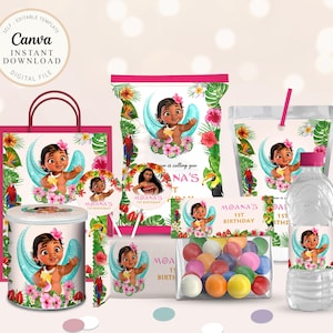 May include: A collection of party supplies featuring a Moana theme. Includes a gift bag, snack bags, a water bottle, and a container with a Moana graphic. The text "Moana's 1st Birthday" is visible on several items. The Canva logo is also visible.