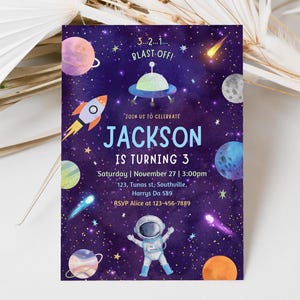 Modello per invito di compleanno nello spazio, invito per astronauta con razzo e pianeti, invito per lancio nella galassia, invito modificabile, B429