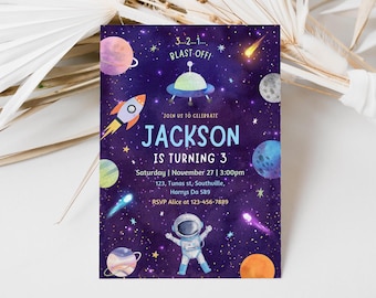 Outer Space Birthday Invitation, Rocket, Astronaut (Editable Template)