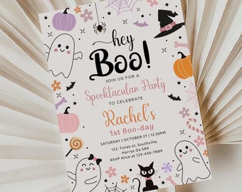 May include: A pink and white Halloween party invitation with a ghost, a spider, a witch's hat, and a pumpkin. The text reads "hey Boo! Join us for a Spooktacular Party to celebrate Rachel's 1st Boo-day. Saturday | October 27 | 12:30PM 123, Tunas st, Southville, Harrys Da 589 RSVP Alice at 123-456-7889"