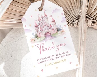 Princess Castle Thank You Tags, Blush Pink Glitter, Editable (Digital Download)