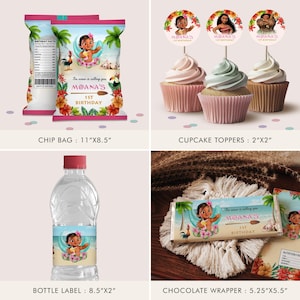 Labels For Moana Party Pack, water bottle, chip, candy bars, juice labels, thank you tags, Pringles,bags. DIGITAL TEMPLATE, Canva, B004