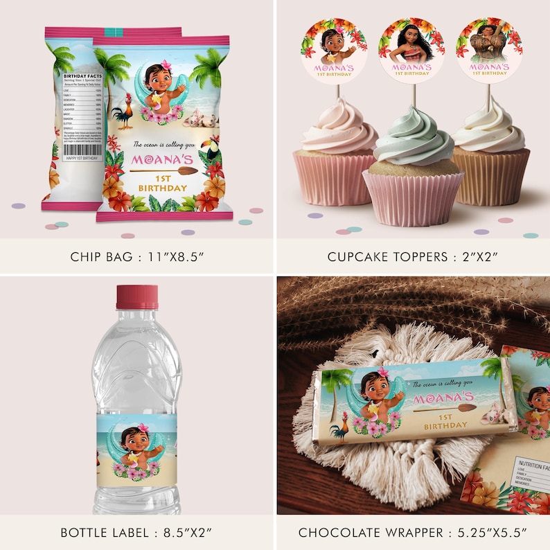 Labels For Moana Party Pack, water bottle, chip, candy bars, juice labels, thank you tags, Pringles,bags. DIGITAL TEMPLATE, Canva, B004