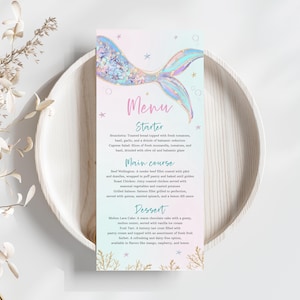 Mermaid Party Menu Babyparty Geburtstagsmenüvorlage Bearbeitbar Unter dem Meer Ocean Party Menu Printable Digital Pink Purple, B407