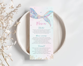 Mermaid Party Menu Template, Under the Sea Birthday, Pink Purple (Digital)