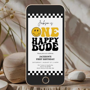 Text invitation one happy dude, One happy dude Party evite digital, smile face boy 1st birthday phone invitation template retro happy dude