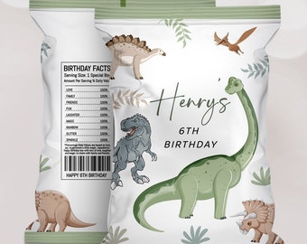 May include: A white chip bag with a green border and dinosaur illustrations. The bag has the text "Henrys 6TH BIRTHDAY" and "HAPPY 6TH BIRTHDAY".