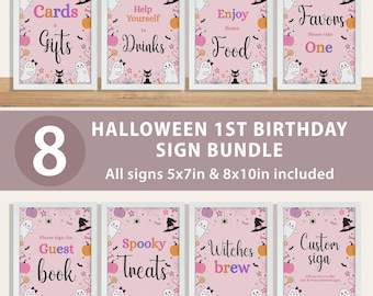 Conjunto de letreros de cumpleaños de Halloween con fantasmas rosas, decoración espeluznante para fiestas (descarga imprimible y editable)
