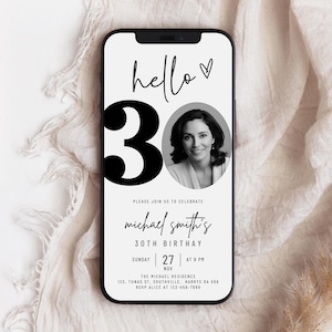 Hallo Dreißig, 30. Geburtstagseinladung, digitaler Download, für Männer oder Frauen, Foto Erwachsener Geburtstag einladen bearbeitbare Vorlage Handy Evite