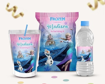 Modello per bomboniere a tema Frozen: sacchetto per patatine, etichetta per bottiglia (modificabile su Canvas)