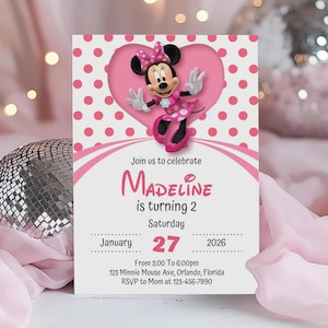 Minnie mouse Birthday Invitation, Pink Minnie Invite, Perfect for any age, Printable Template , digitally editable in canva, B036