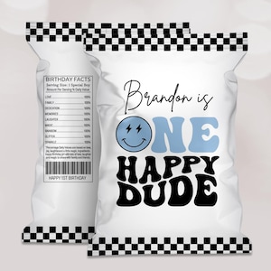 Editable One Happy Dude Chip Bag template PRINTABLE Boy Chip Bag Favor DIY Birthday party Decor Digital Download Canva Template, B498