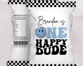 Plantilla para bolsa de patatas fritas "One Happy Dude", recuerdo para fiesta de cumpleaños de niño (descarga digital)