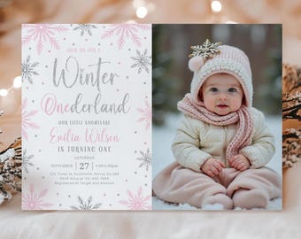 Editable Winter Onederland Invitation, Girl Snowflake First Birthday Pink Silver Winter Wonderland Invites 1st Birthday Template Download