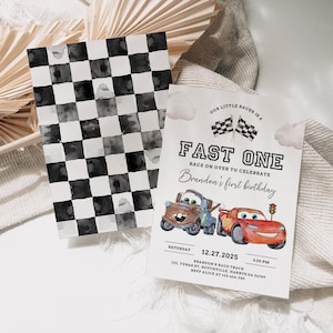 Cars Birthday Invitation, Fast One, Lightning McQueen Invitation, Kids First Birthday Invite, Digital Invitation, Canva Editable Evite, B623