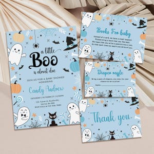 Zestaw zaproszeń na baby shower A Little Boo, zestaw zaproszeń na baby shower z niebieskim duchem na Halloween, szablon zaproszenia na baby shower z okazji Halloween B375