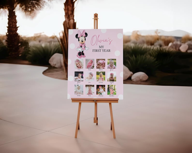 Printable MINNIE MOUSE Baby's First Year Photo Poster. 1st Birthday Photo Collage Sign. Minnie Mouse One Year Pictures Board, B714