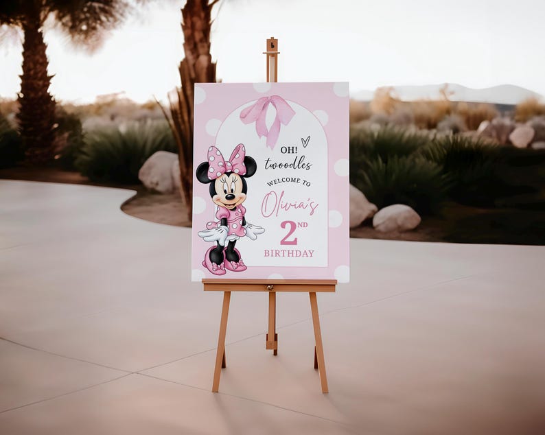 Minnie Mouse TwoDles Birthday Welcome Sign Template | Editable Printable Party Sign | Canva Digital Download | Girl Birthday Decoration