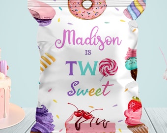 Two Sweet Birthday Fruit Snack Label, Sweets Party Favor (Editable Printable Download)
