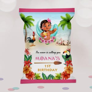 Baby Moana Geburtstagsparty Chip Taschen Wrapper Label bearbeitbar Hawaii Snack Tasche druckbar, tropisch, perfekt für jedes Alter, Geburtstagsgeschenk, B004