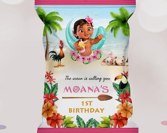 Baby Moana Birthday Chip Bag Wrapper, Editable Tropical Party Favor (Printable)