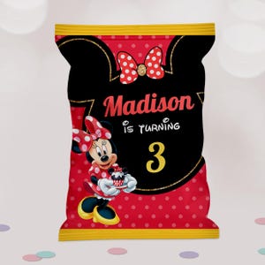 Editable Minnie Mouse Red Chip Bag, Girl Birthday Chip Bag Label, Minnie Mouse Chip, DIGITAL FILE ONLY, Printable, Canva Template, B148