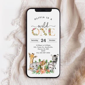 EDITABLE Safari Birthday Invitation Girl, Zoo Animal Party Invite Pink, 1st Birthday, Wild One Invite Jungle, Mobile Phone Evite, B536