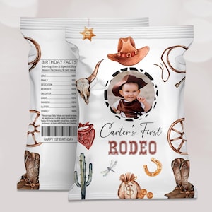 Modello per sacchetto di patatine per compleanno in stile cowboy western, bomboniera fai da te per feste di rodeo stampabile, compleanno rustico in stile western, compleanno nel selvaggio West, tema cowboy, B360