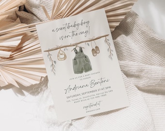 Boho Boy Baby Shower Invitation, Watercolor Clothes (Editable Template)