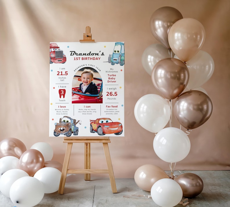 Cars Birthday Milestone Board, Lightning Mcqueen Poster, Cars Party Milestone Stats, Tow Mater Welcome Banner, Fast One, Canva, B624