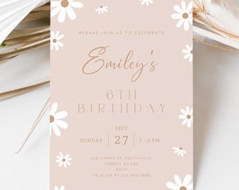 Editable Daisy Birthday Invitation, Beige Boho Invite (Digital Download)