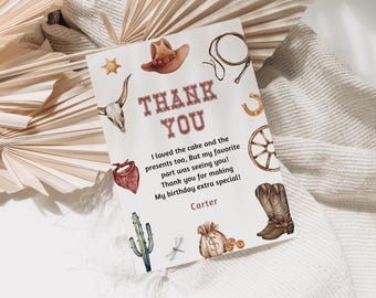 Cowboy Baby Shower Thank You Card, Wild Western, Editable Printable (PDF)