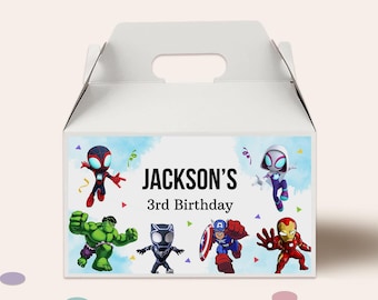 Spidey and friends Gable Box Labels Boy Spidey Birthday Party Decoration Favor Box Sticker Digital Printable Editable Template, CANVA, B288