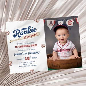 Invitation recrue de l'année | Faire-part de premier anniversaire de baseball | Fête d'anniversaire de baseball| Invitation de baseball modifiable avec photo | Garçon, inviter