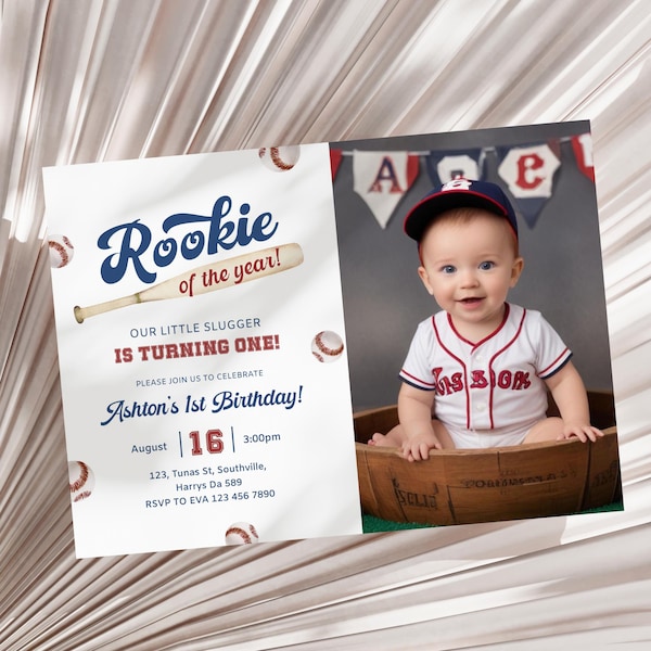Invito/Foto per il primo compleanno del "Rookie of the Year" di baseball, modificabile (download digitale)