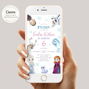 以下が含まれることがあります： スマートフォンには、アナと雪の女王をテーマにした誕生日招待状が表示されています。招待状には、漫画のキャラクター、雪の結晶、そして「Emilia Wilson is turning 6」というテキストが描かれています。携帯電話は手で持たれています。