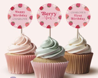 Strawberry First Birthday Cupcake Toppers, DIY Printable (Digital Download)
