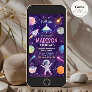 May include: A digital invitation for a child's birthday party with a space theme. The invitation features a purple background with planets, stars, and a rocket ship. The text on the invitation reads "3...2...1... BLAST OFF!" and "JOIN US TO CELEBRATE MADISON IS TURNING 3".