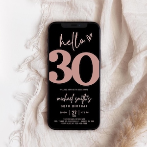 Editable 30th Birthday Invitation, 30th E-Invite, 30th Birthday Evite, 30th Party Invitation, Rose Gold Black, 30th Digital Invitation